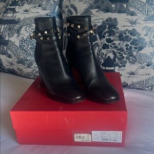 Valentino Black and Gold Ankle Boots with Chunky Heel and Crocodile Texture